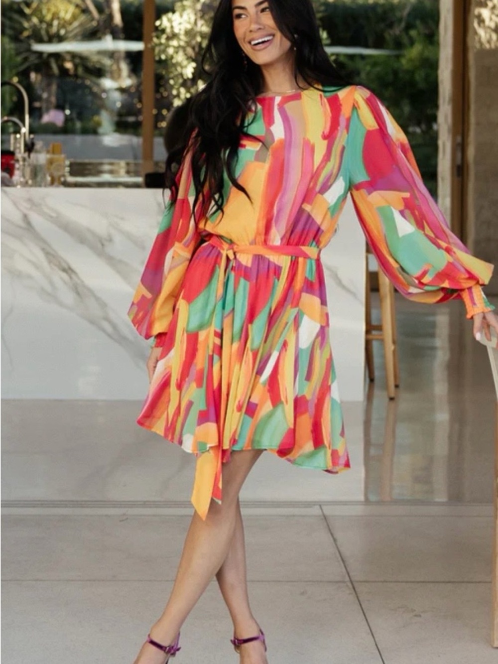 Baltic Born Multicolor Brushstroke Long-Sleeve Tie-Waist Dress